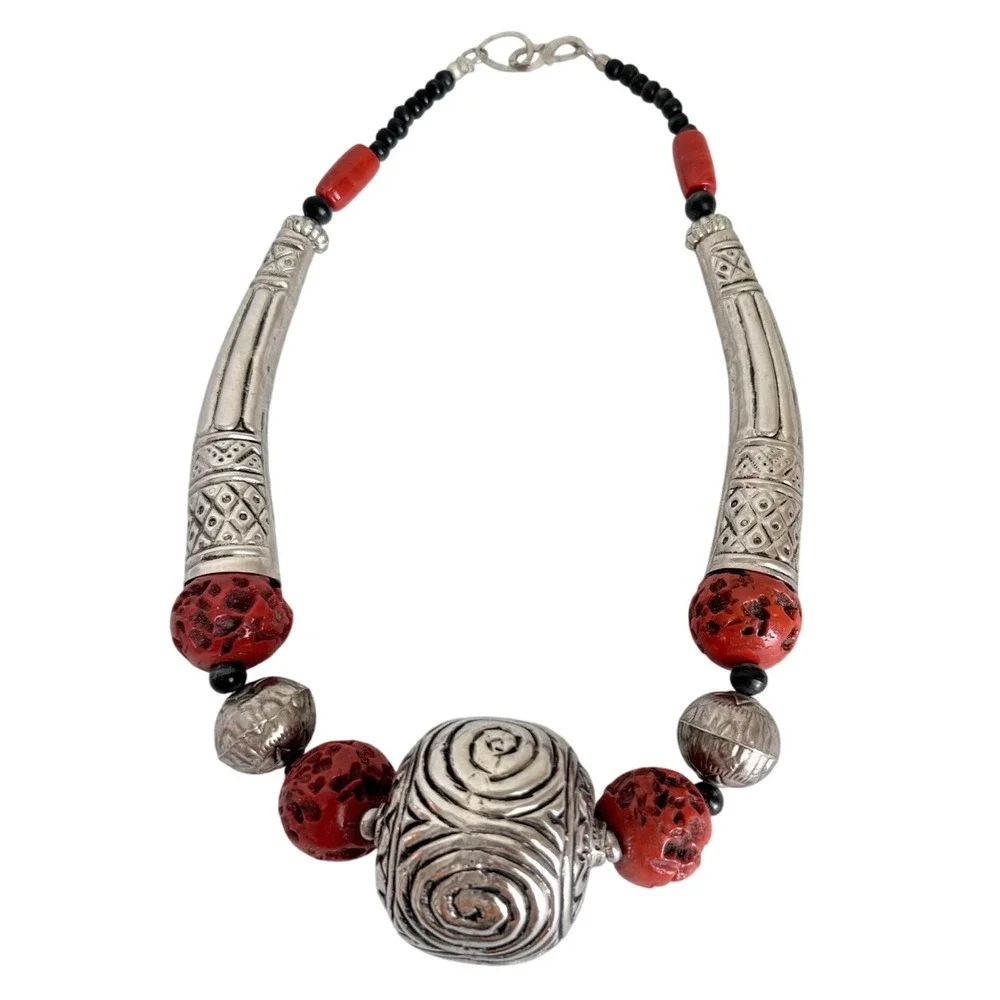 India Statement Necklace Women Red Silver Coral Spiral Tribal Ornate Bead